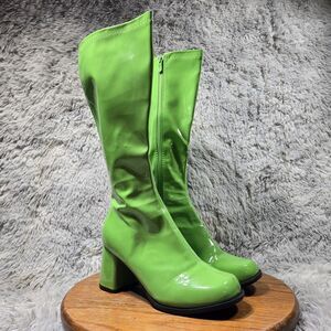 Elli Womens Size 9 Shiny Green Retro Block Heel Party Platform Knee High Boots